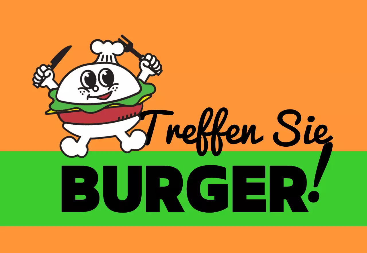 Einzigartige Beschilderung in den Geschäften mit buntem, mehrfarbigem Meal-Burger-Text und niedlichen Burger-Figuren