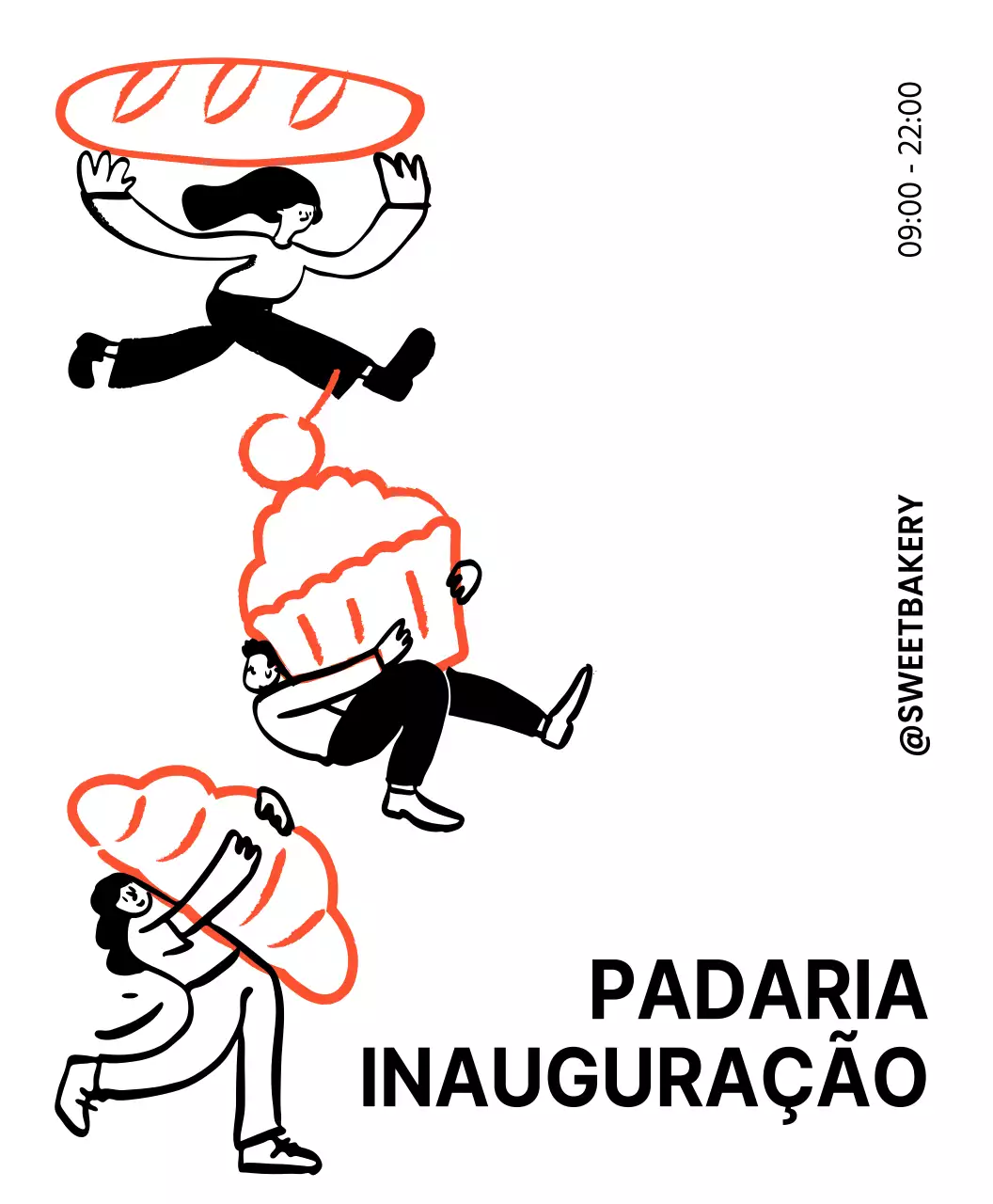 Uma padaria sentimental e luminosa com pinturas à mão em vermelho e preto