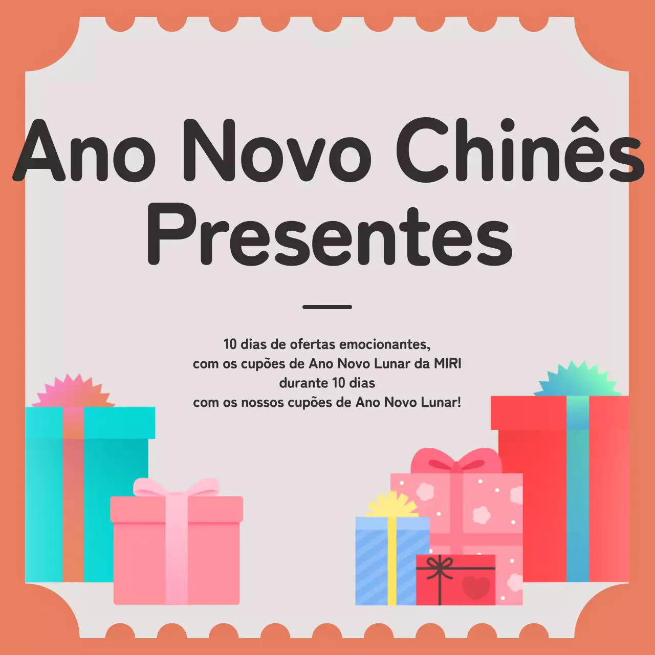 Exposição de presentes do Ano Novo Lunar com cupões e caixas de presentes em fundo