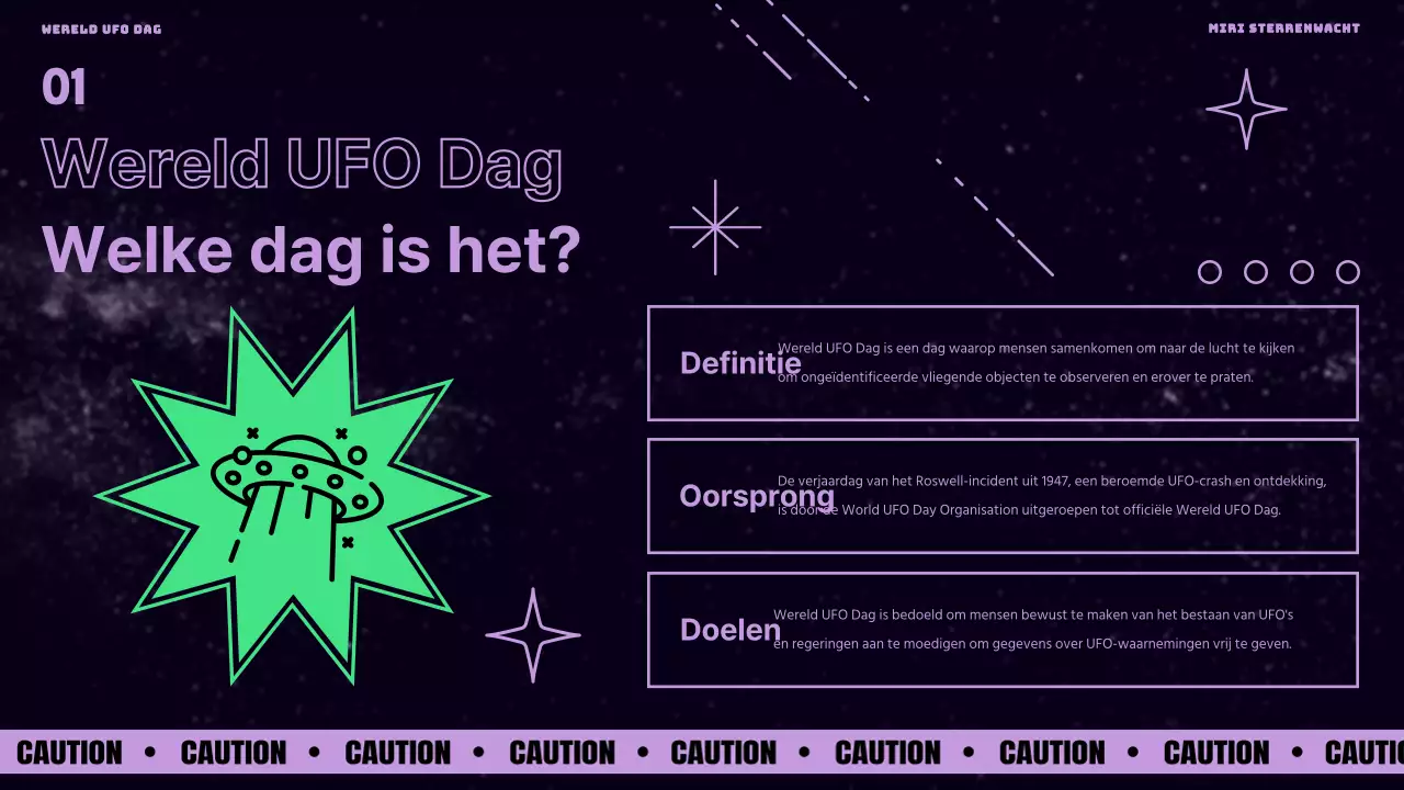 Wereld UFO Dag met paarse en groene accenten op een zwarte achtergrond