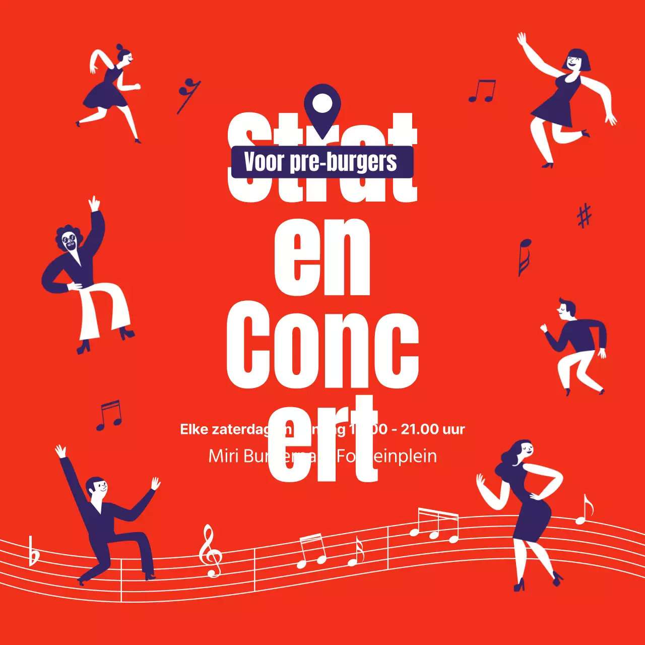 Straatconcertposter in oranje en indigotinten