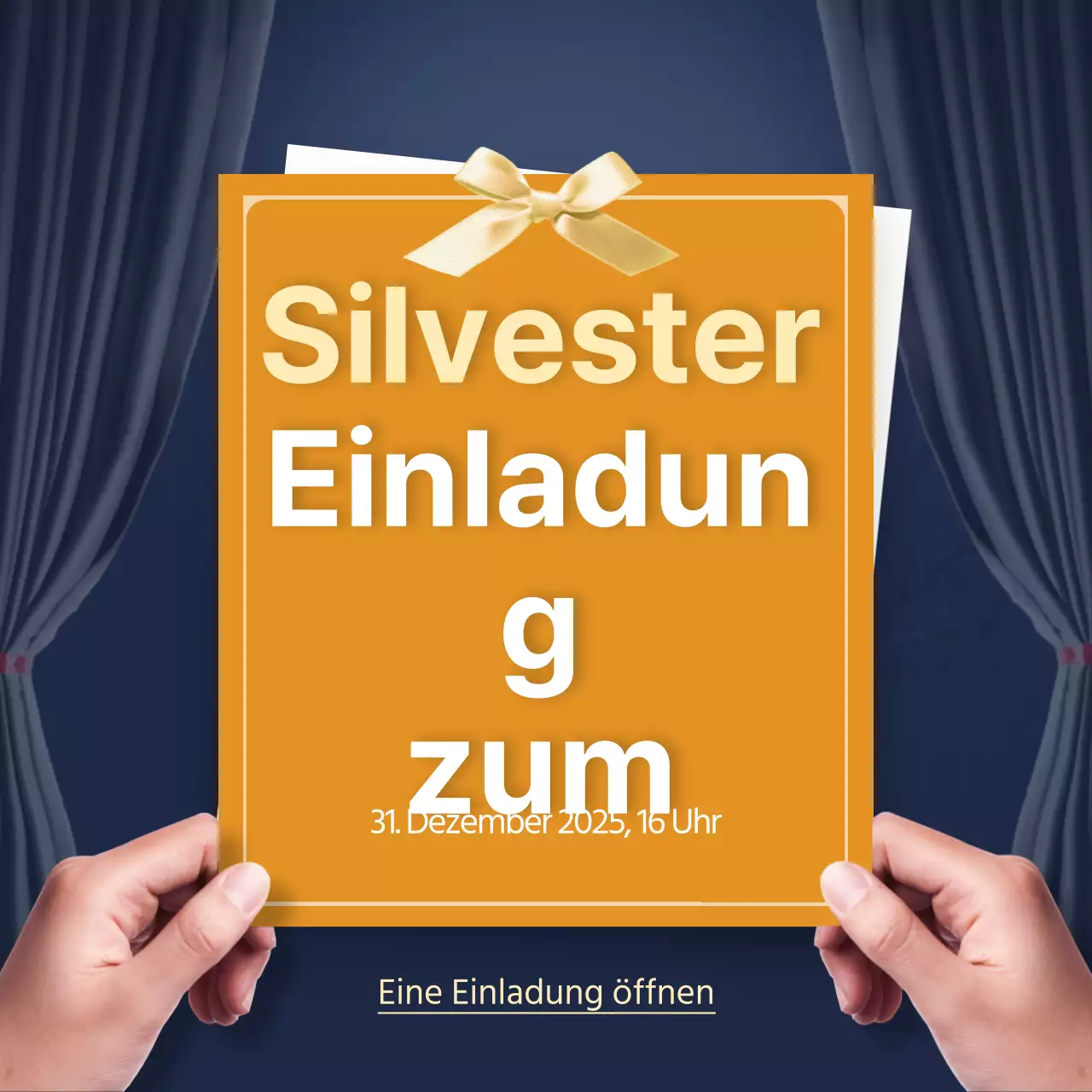 Gestaltung einer Einladung zur Jahresendfeier mit einem dunklen Vorhang als Hintergrund