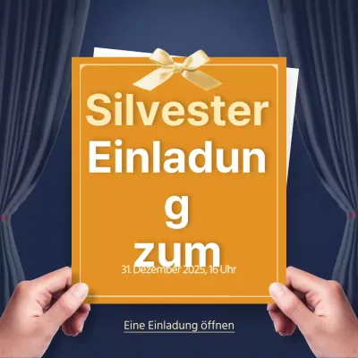 Gestaltung einer Einladung zur Jahresendfeier mit einem dunklen Vorhang als Hintergrund