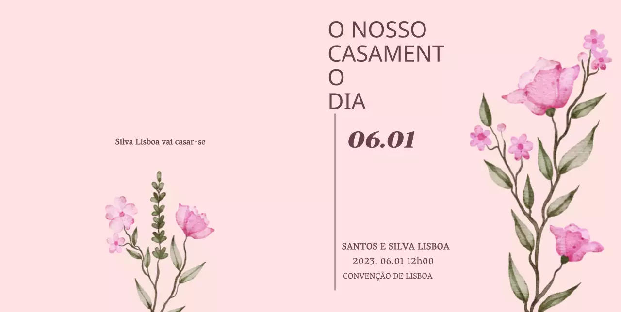 Convite de dia de casamento com toques florais cor-de-rosa