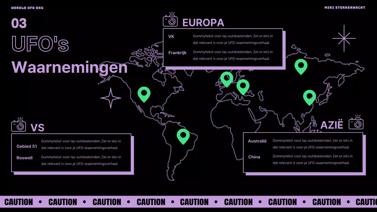 Wereld UFO Dag met paarse en groene accenten op een zwarte achtergrond