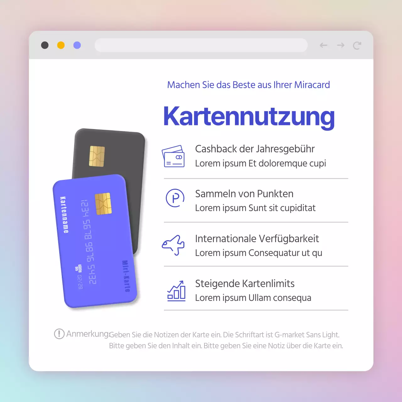 Kreditkartenangebote in einem Web-Screen-Konzept mit lila und mintfarbenen Farbverläufen