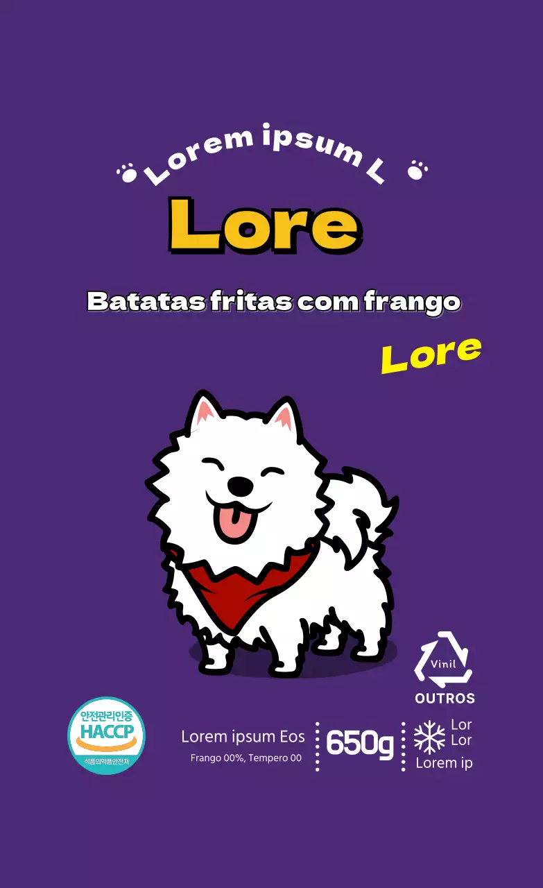 Ilustração roxa de um rótulo de comida de cão para animais de estimação