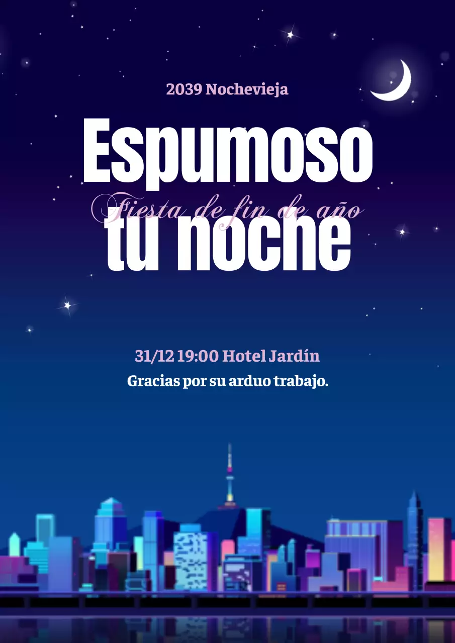 Promoción de un retiro con un cielo nocturno azul intenso e ilustración de un paisaje urbano