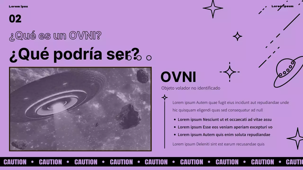 Presentación del Día Mundial del OVNI con acentos morados y verdes sobre fondo negro