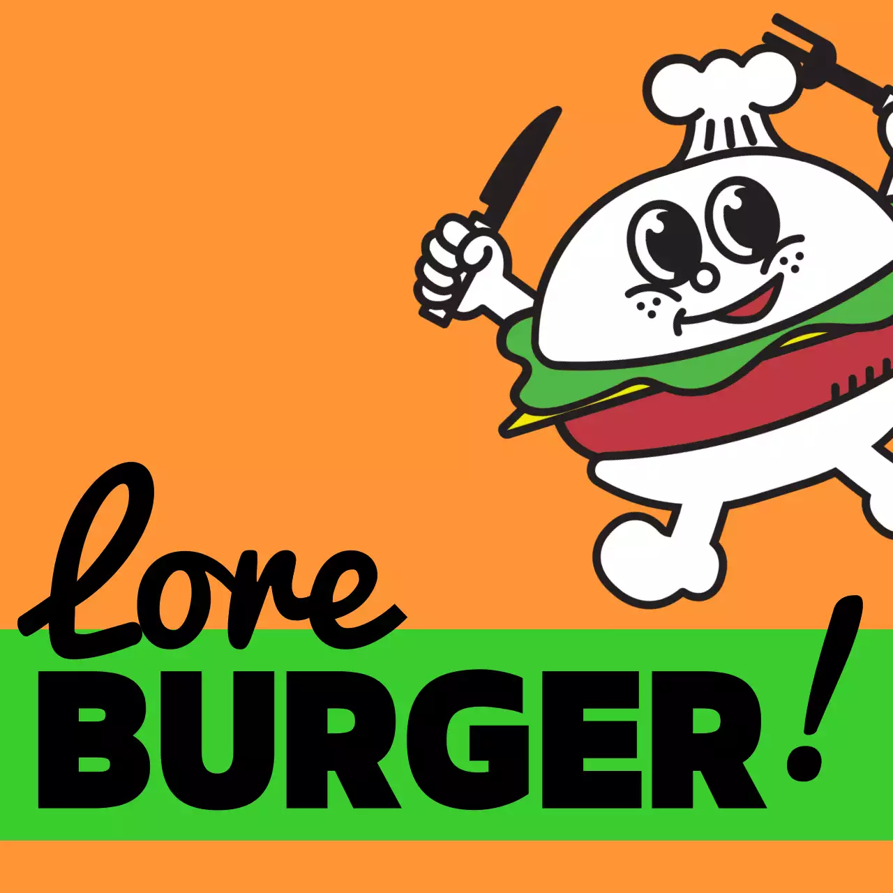 Une signalétique unique en magasin avec un texte Meal Burger coloré et multicolore et des personnages mignons représentant des hamburgers.