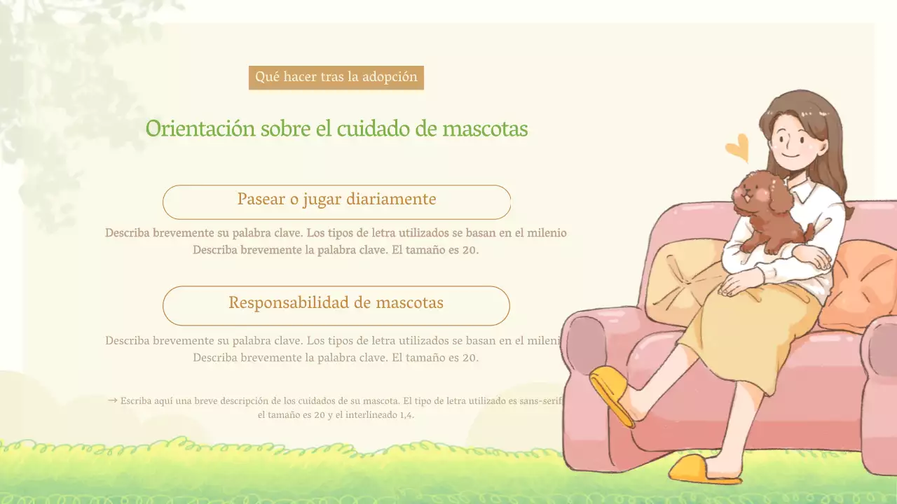 Presentación del proyecto de co-cuidado de mascotas ilustrado en pastel