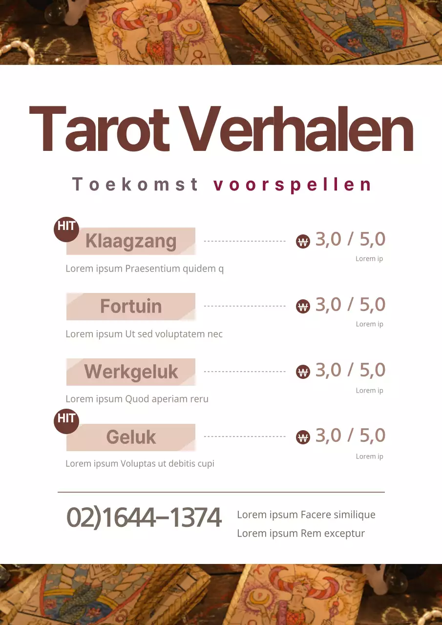 Promoot het menu van een eenvoudige tarotkaartenwinkel met bruine tarotkaart afbeeldingen