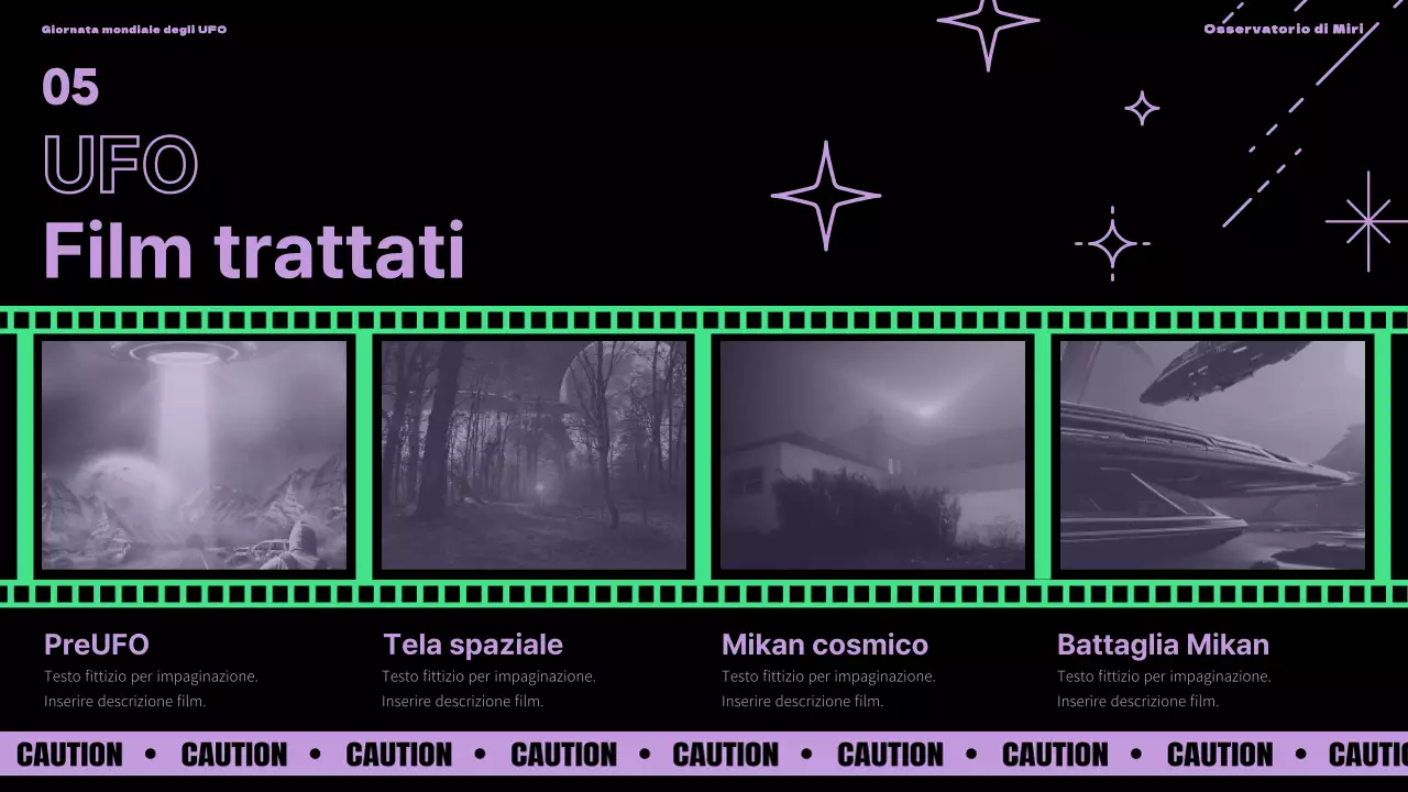 Presentazione della Giornata mondiale degli UFO con accenti viola e verdi su sfondo nero