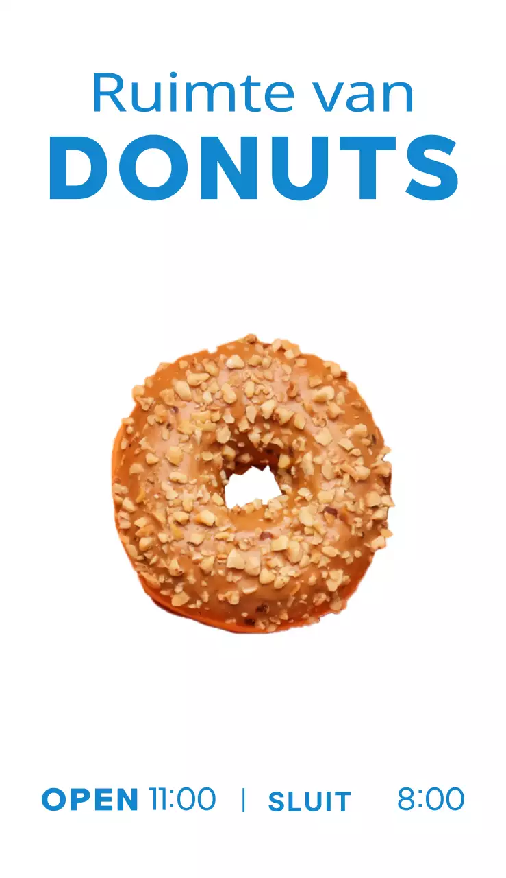 Een eenvoudig, kleurrijk billboard met tekst en foto's over een donutverkoop.