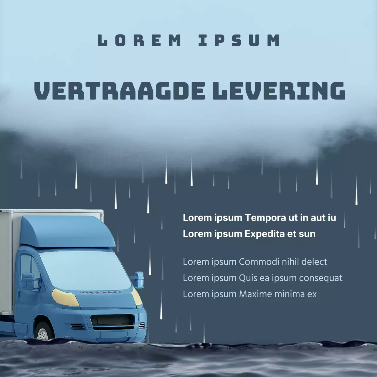 Kennisgeving van uitgestelde levering 3D-illustratie van een vrachtwagenconcept met blauwe asachtige inktwolken en in de regen gedrenkte vrachtwagens
