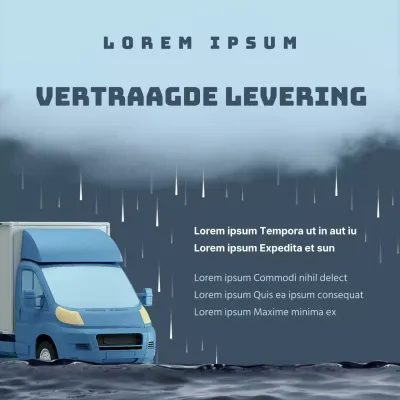 Kennisgeving van uitgestelde levering 3D-illustratie van een vrachtwagenconcept met blauwe asachtige inktwolken en in de regen gedrenkte vrachtwagens