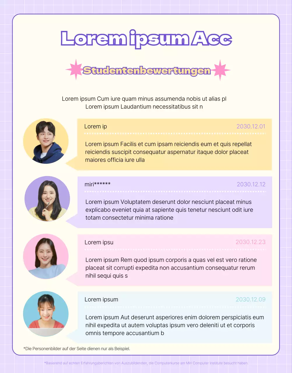 Förderung von Computerkursen mit einem rosa und lila Website-Konzept