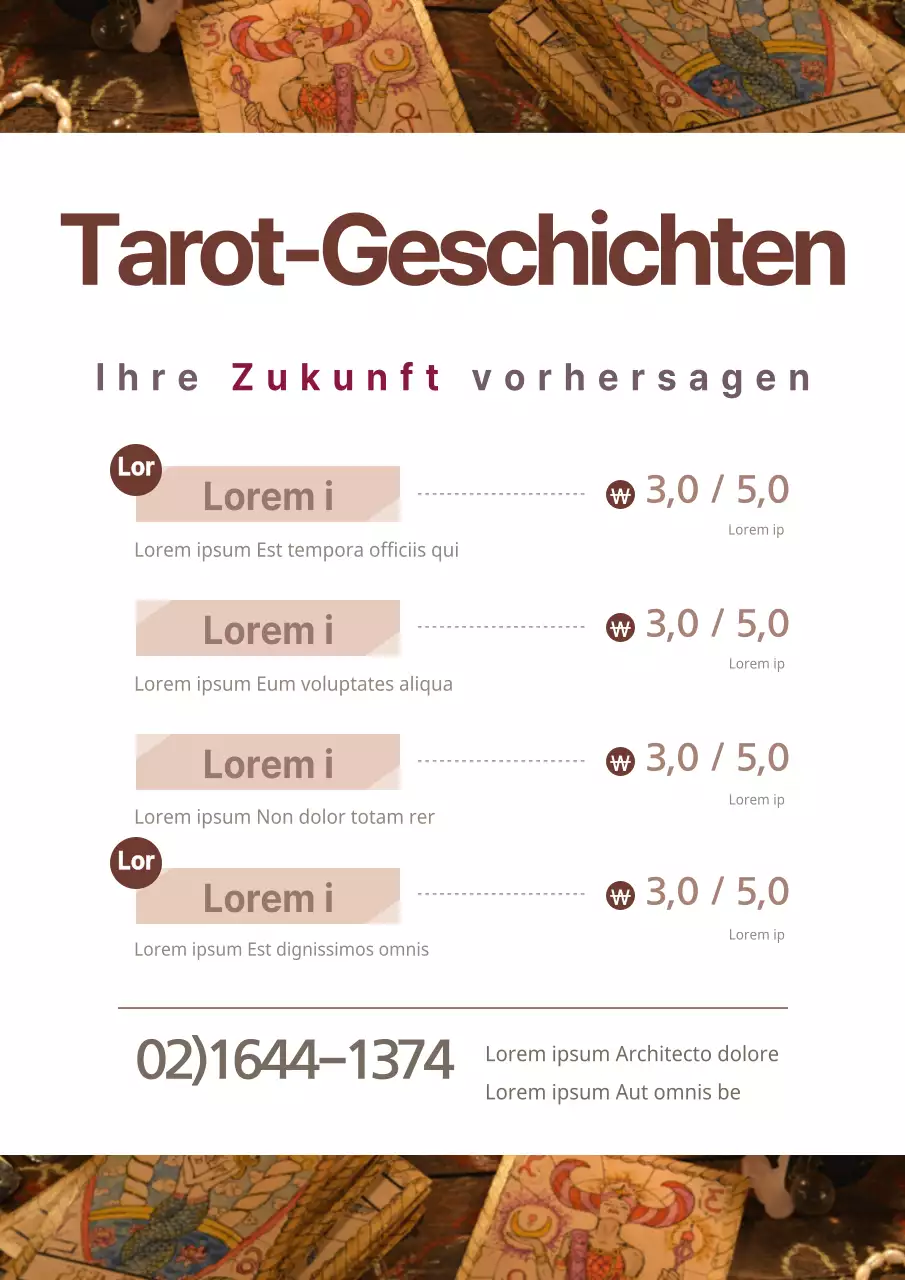 Werbung für die Speisekarte eines einfachen Tarotkartengeschäfts mit braunen Tarotkartenbildern