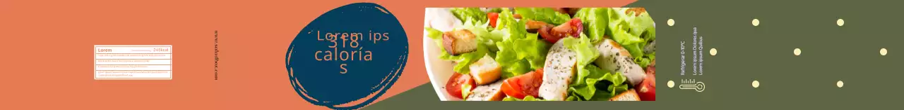 Etiqueta naranja turquesa de información alimentaria con foto de ensalada
