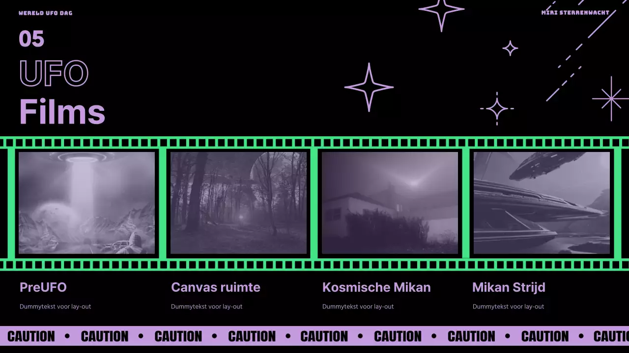 Wereld UFO Dag met paarse en groene accenten op een zwarte achtergrond