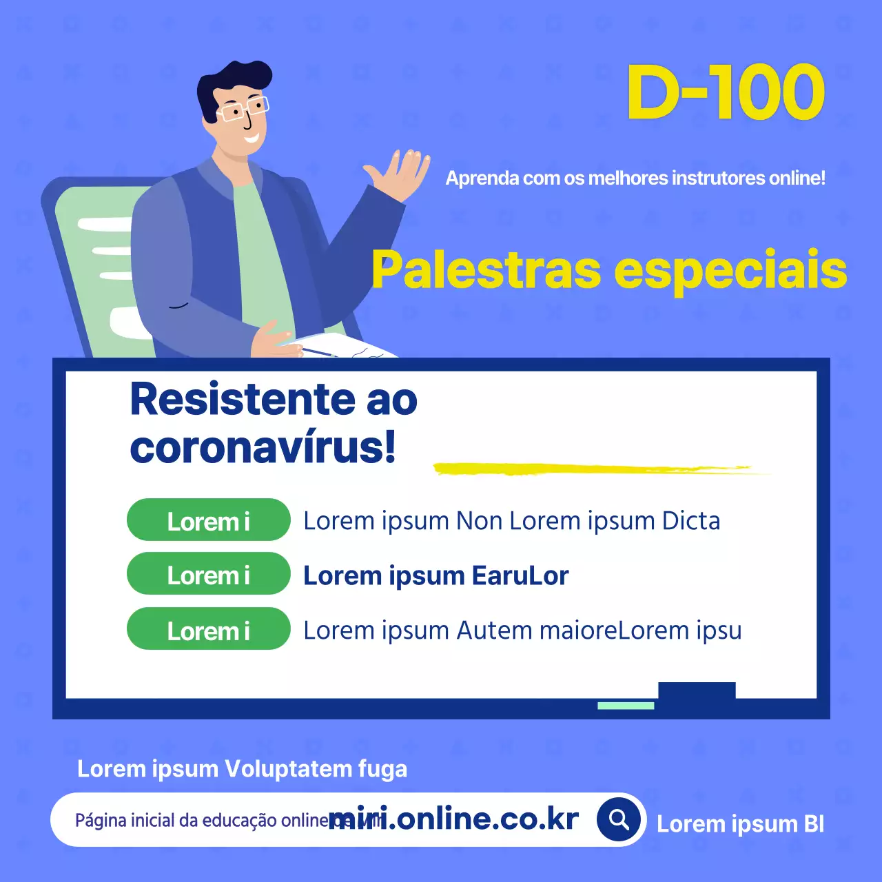 Anúncio de uma aula de formação em linha sobre o coronavírus azul e amarelo