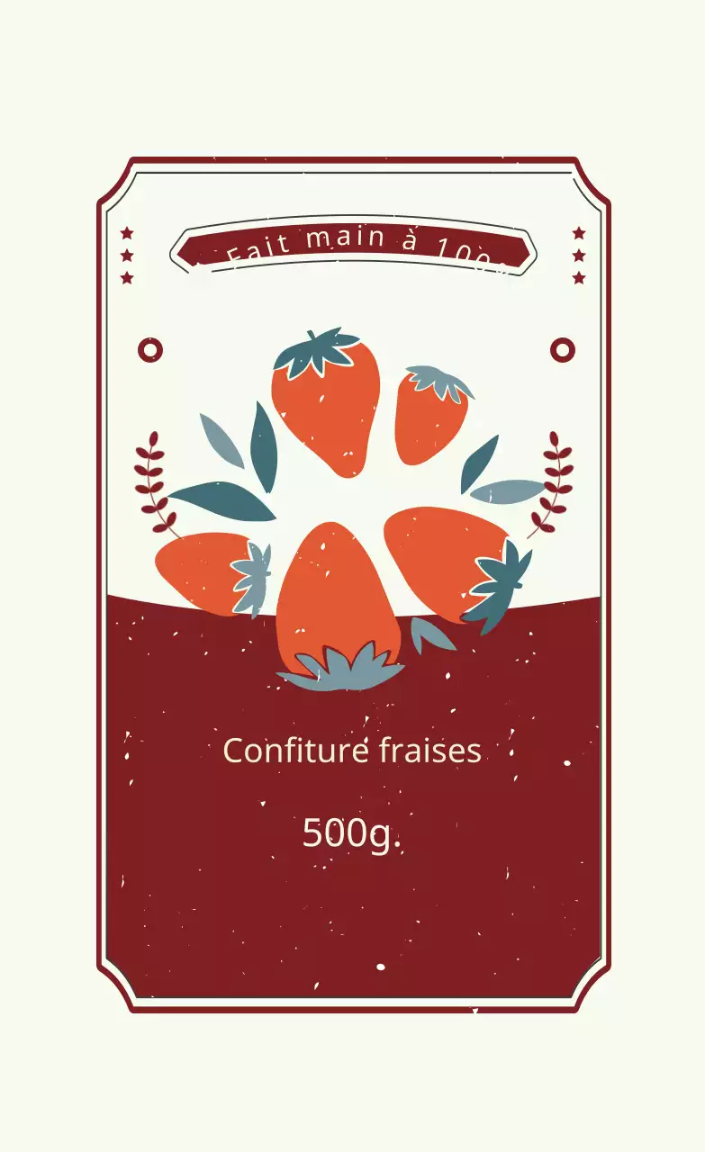Étiquette de confiture de fraises faite à la main, rouge, violette et illustrée