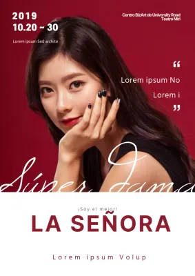 Promociona un concierto con clase con la foto de una actriz vestida de rojo y blanco