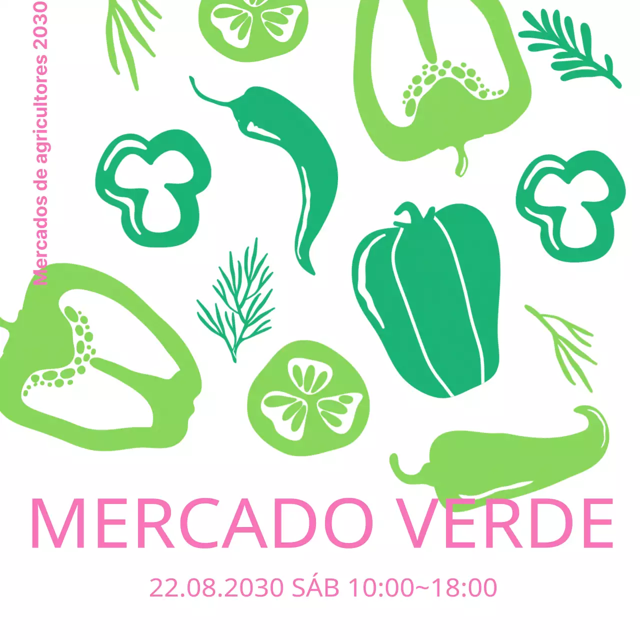 Uma ilustração verde e cor-de-rosa de um agricultor a promover os seus produtos.