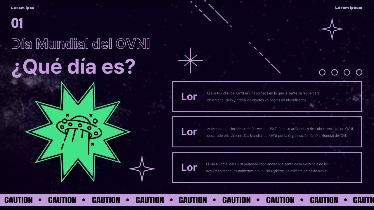 Presentación del Día Mundial del OVNI con acentos morados y verdes sobre fondo negro