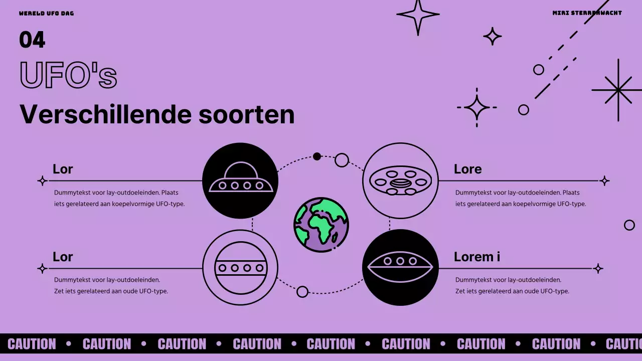 Wereld UFO Dag met paarse en groene accenten op een zwarte achtergrond