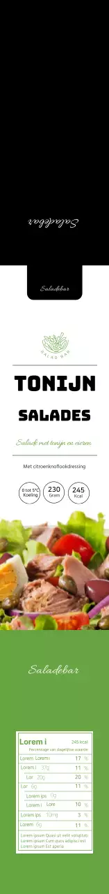 Etiket met informatie over zwarte groene schone salade