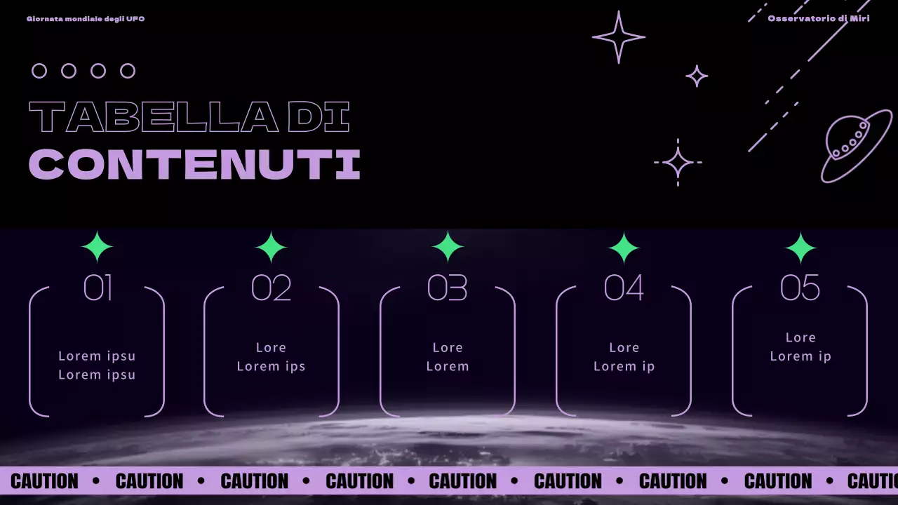 Presentazione della Giornata mondiale degli UFO con accenti viola e verdi su sfondo nero