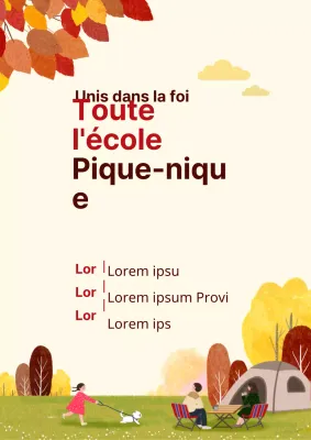 Promouvoir un pique-nique paroissial avec une illustration d'une scène de camping d'automne en jaune.
