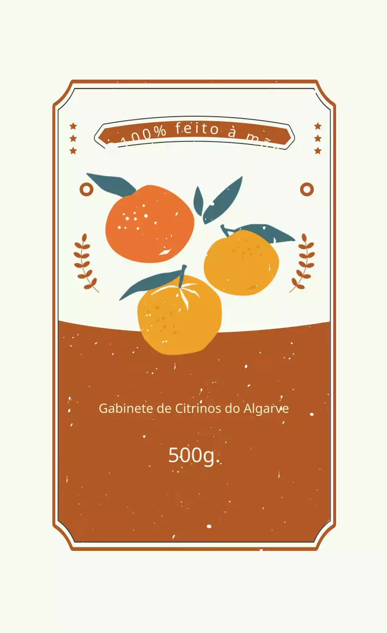 Rótulo feito à mão em azul tangerina com ilustração em castanho-alaranjado