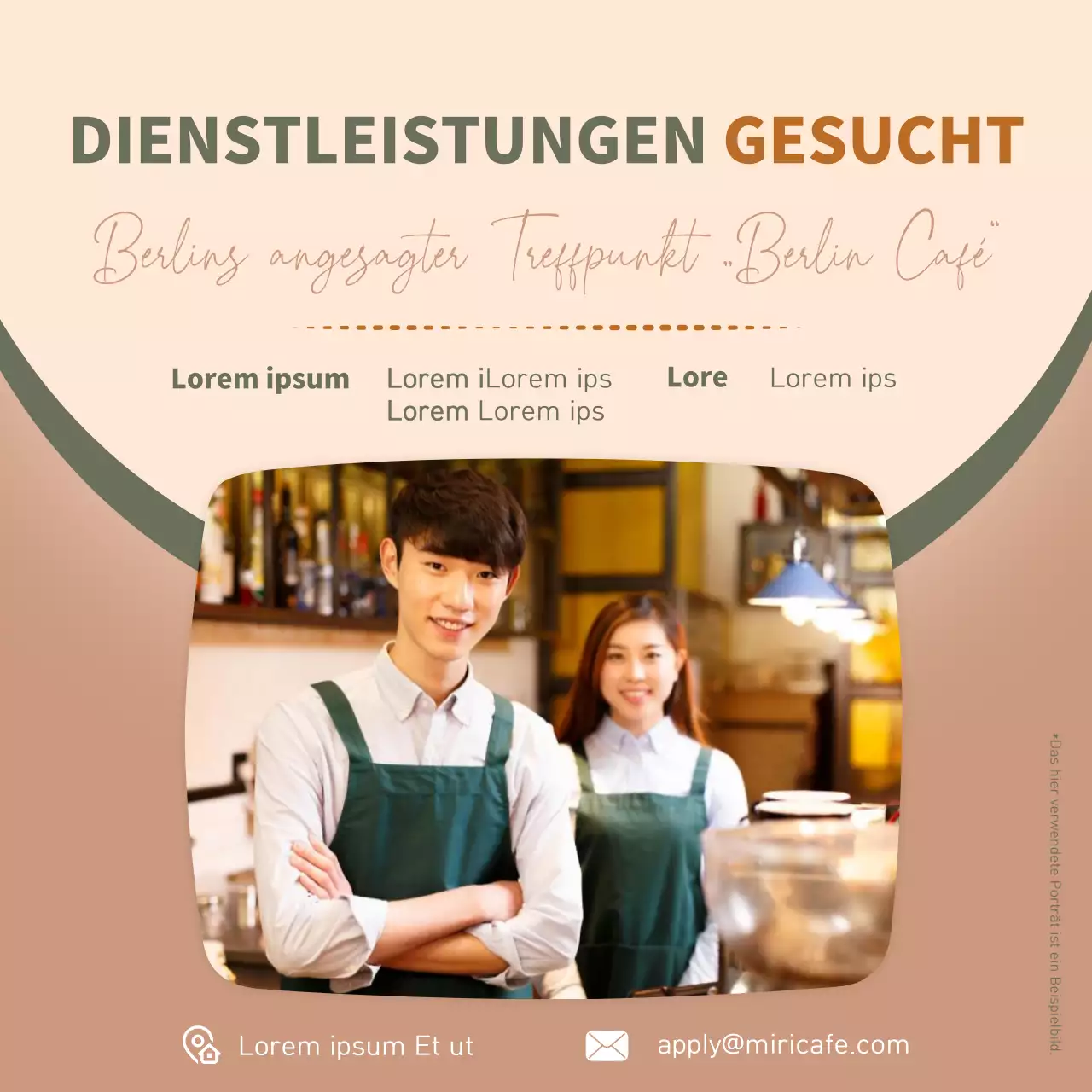 Stellenausschreibung für Cafe-Mitarbeiter mit Foto auf braunem und grünem Hintergrund V1
