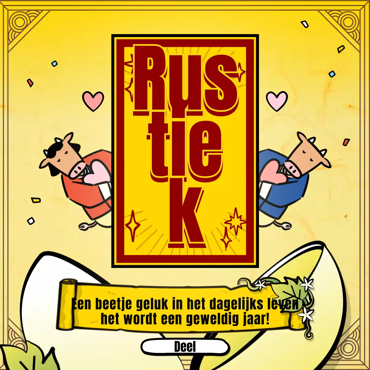 Nieuwjaarswaarzeggerij met de traditionele illustratie van een gele koe