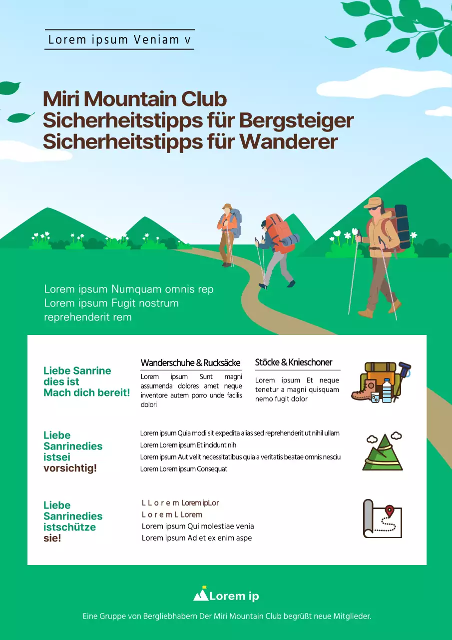 Himmelblaue und grüne Illustration der Mountaineering Association mit Tipps zum sicheren Bergsteigen