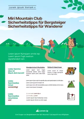 Himmelblaue und grüne Illustration der Mountaineering Association mit Tipps zum sicheren Bergsteigen
