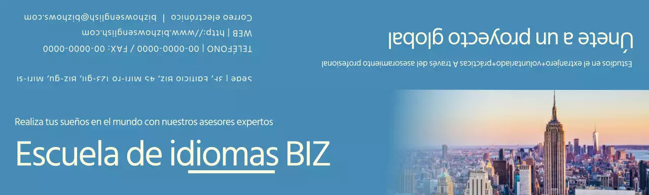 Promoción de una escuela de idiomas con fotos azules y amarillas de paisajes extranjeros