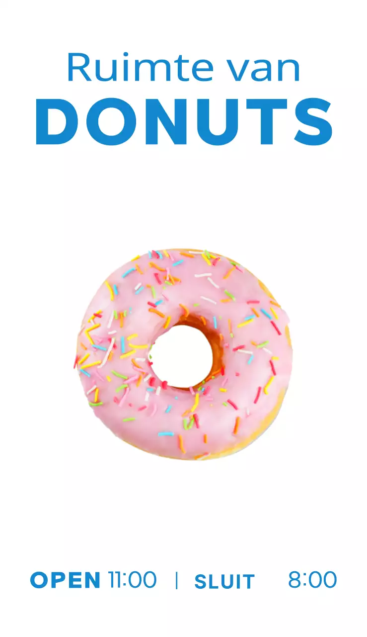 Een eenvoudig, kleurrijk billboard met tekst en foto's over een donutverkoop.