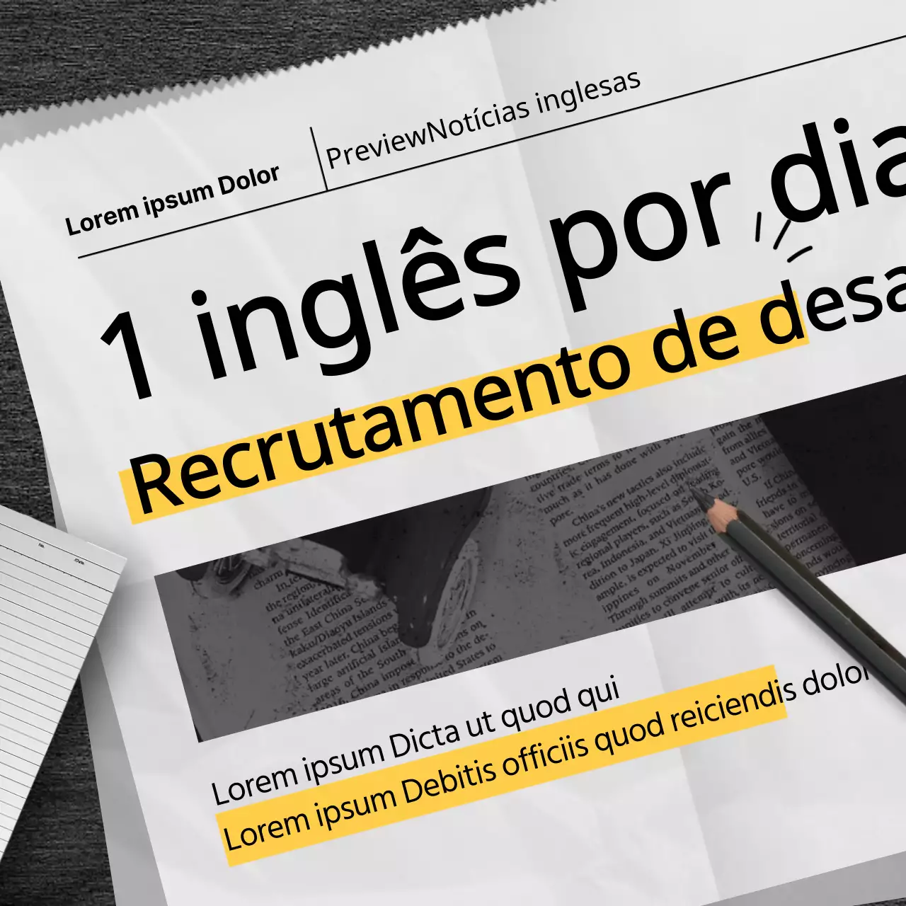 Convite à apresentação de propostas em inglês com um conceito de jornal a preto e amarelo