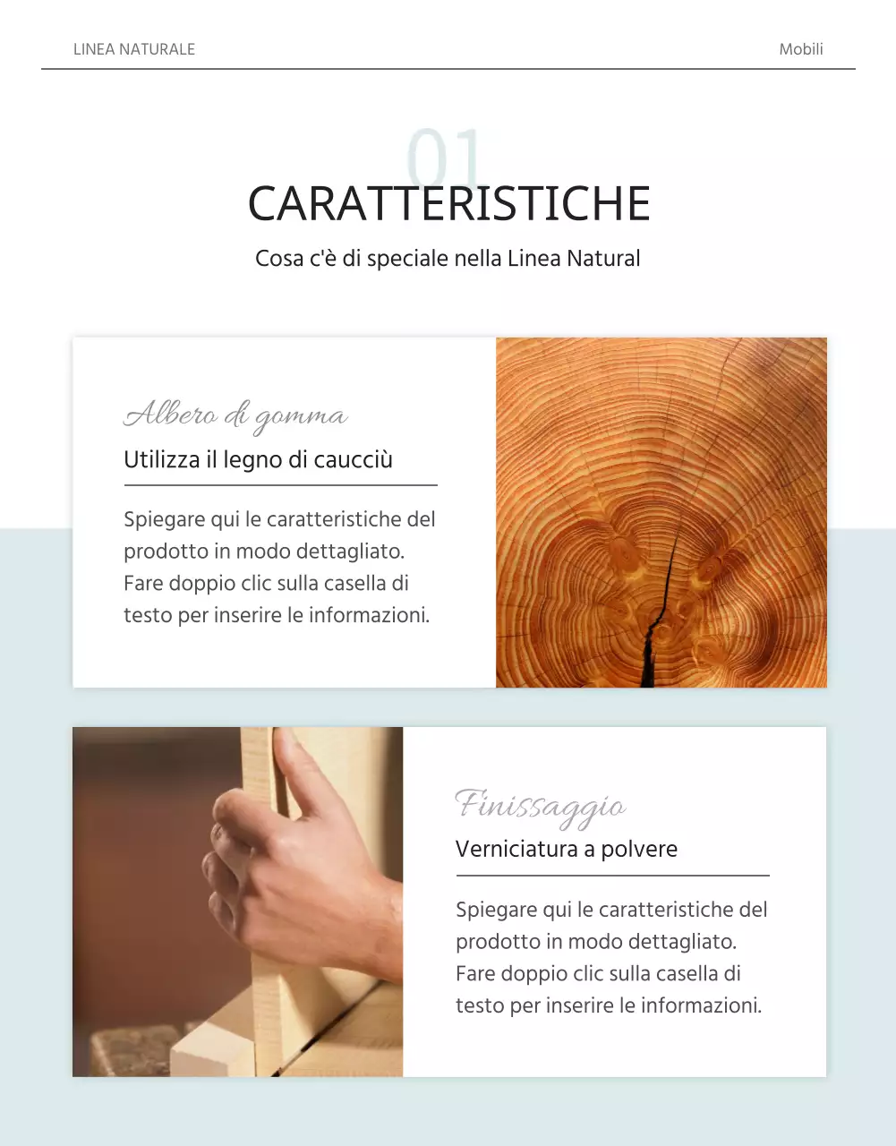 Concetto di rivista in bianco e azzurro per promuovere i mobili in legno massiccio