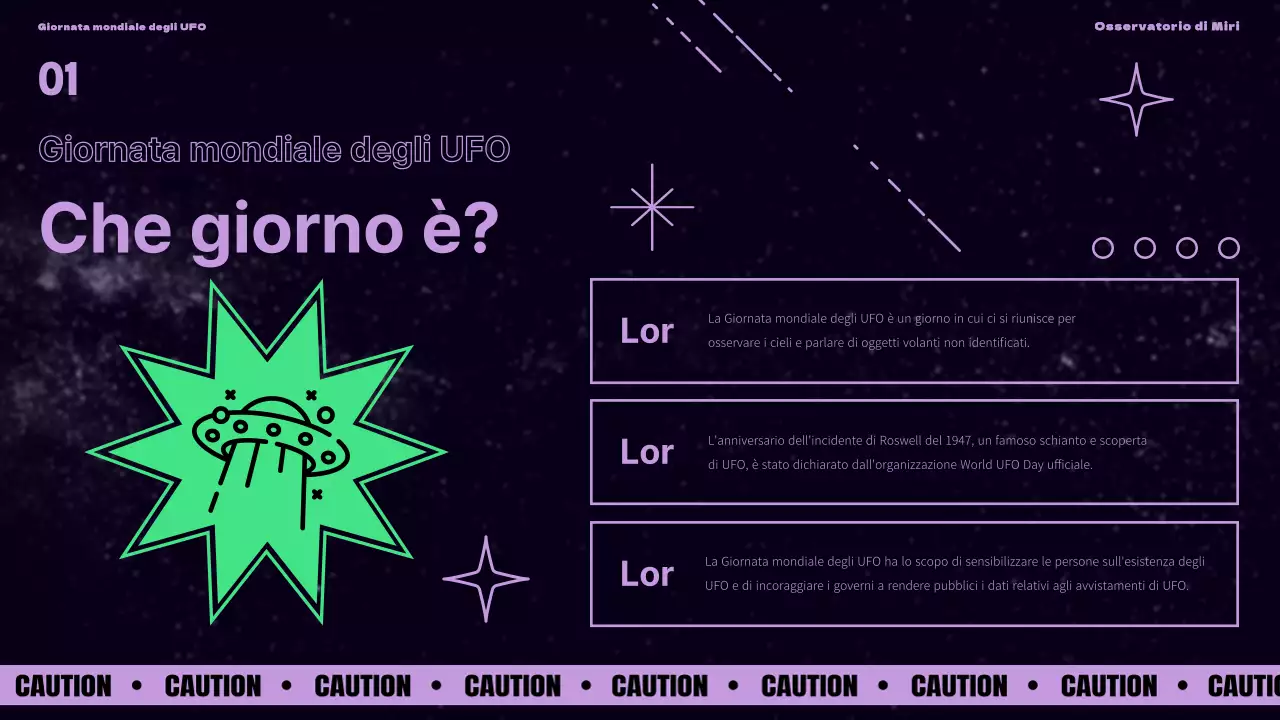 Presentazione della Giornata mondiale degli UFO con accenti viola e verdi su sfondo nero