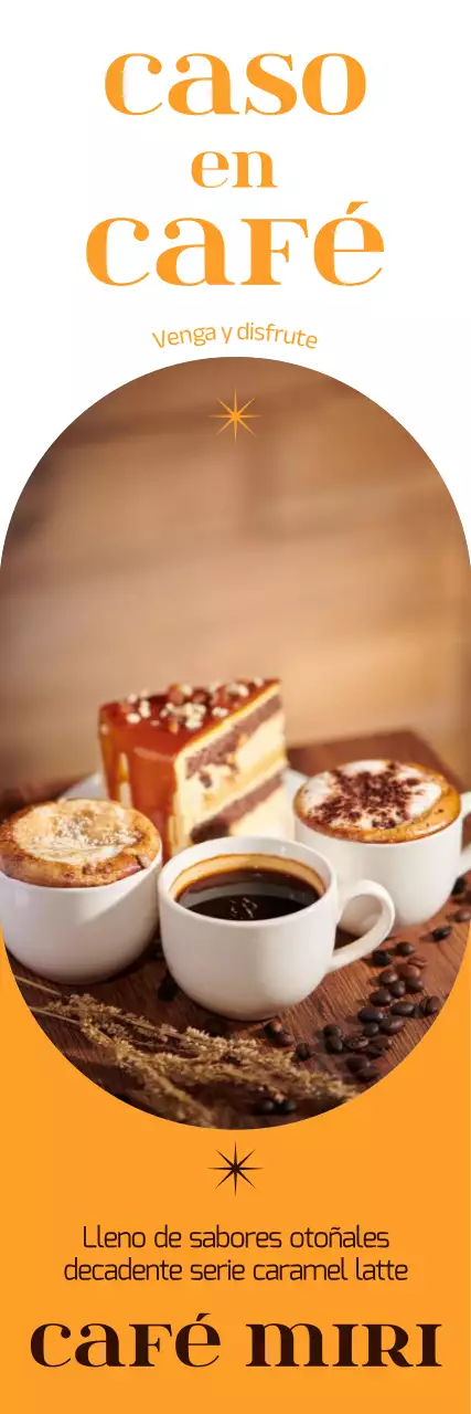 Una atmosférica carta de bebidas de temporada otoñal con un cálido fondo amarillo, fotos de café otoñal y fuente inglesa.