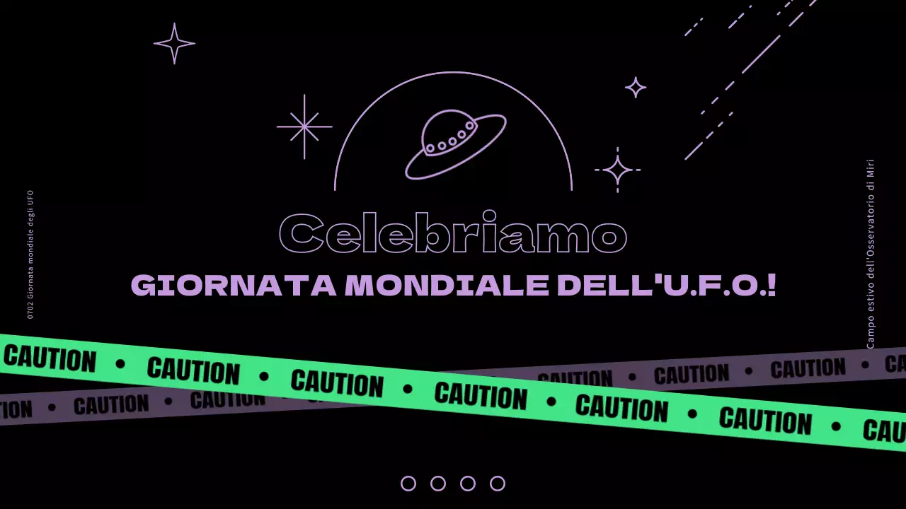 Presentazione della Giornata mondiale degli UFO con accenti viola e verdi su sfondo nero