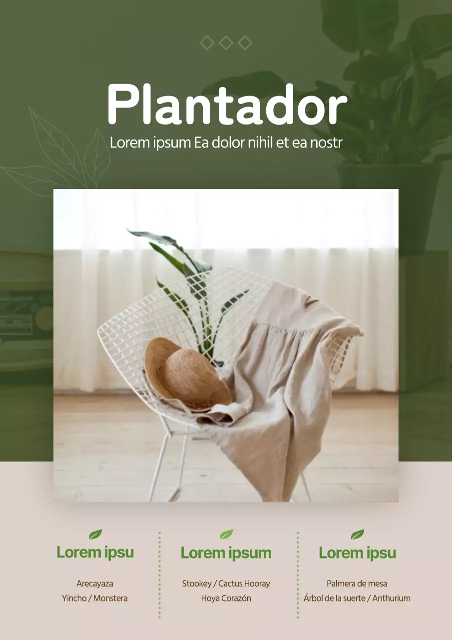 Diseño promocional de temática botánica para interiores con tonos verdes