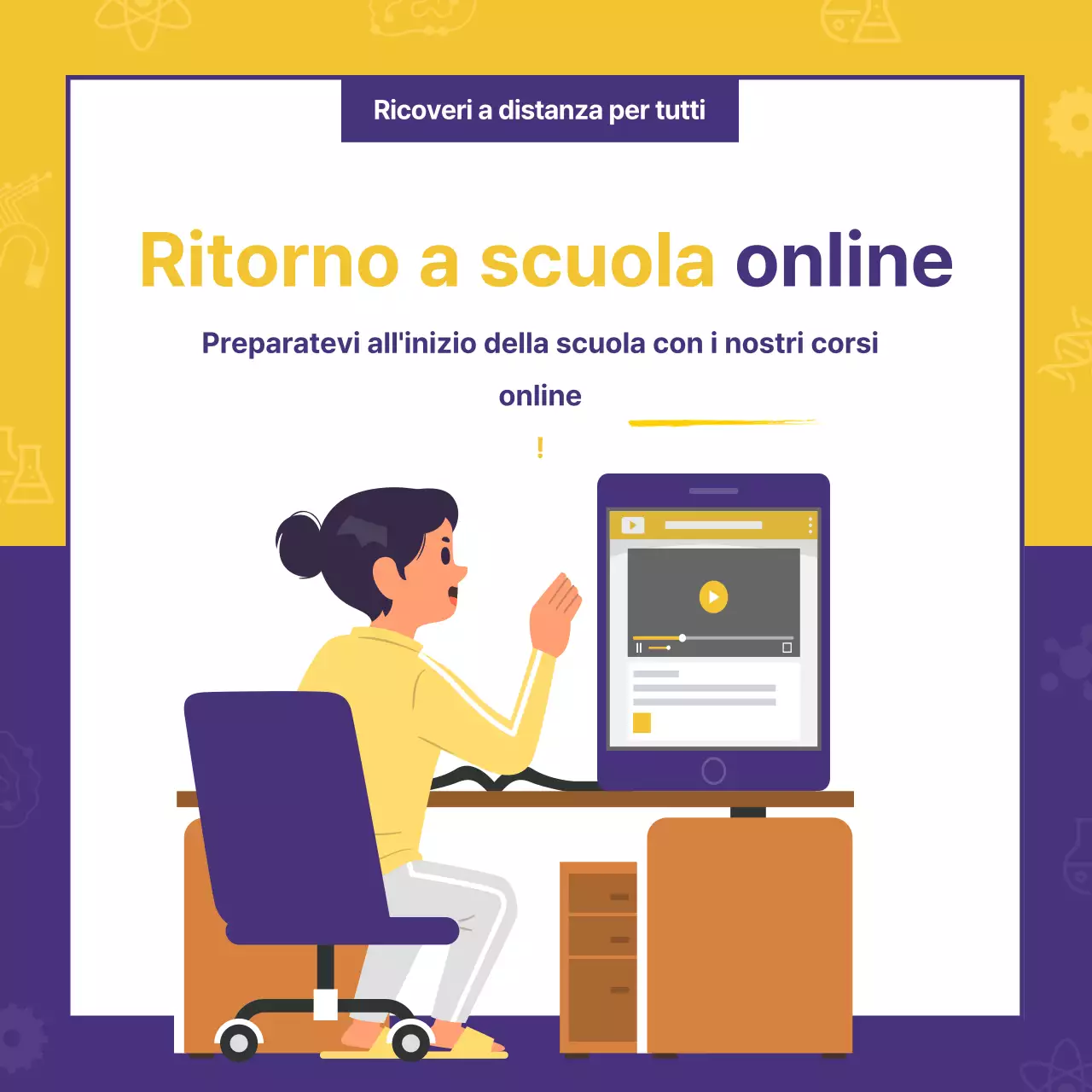 Un annuncio online pulito, giallo e viola, per le ammissioni di persona.