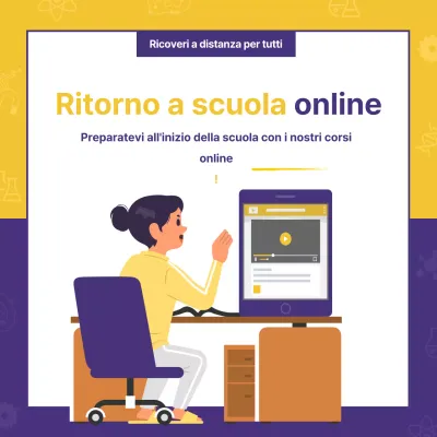 Un annuncio online pulito, giallo e viola, per le ammissioni di persona.