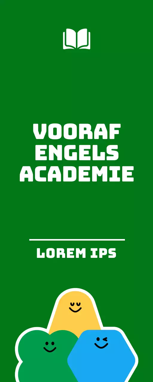 Voor het promoten van een Engelse taalschool voor basisschoolleerlingen met een schattige illustratie van een groen en geel stripfiguur.