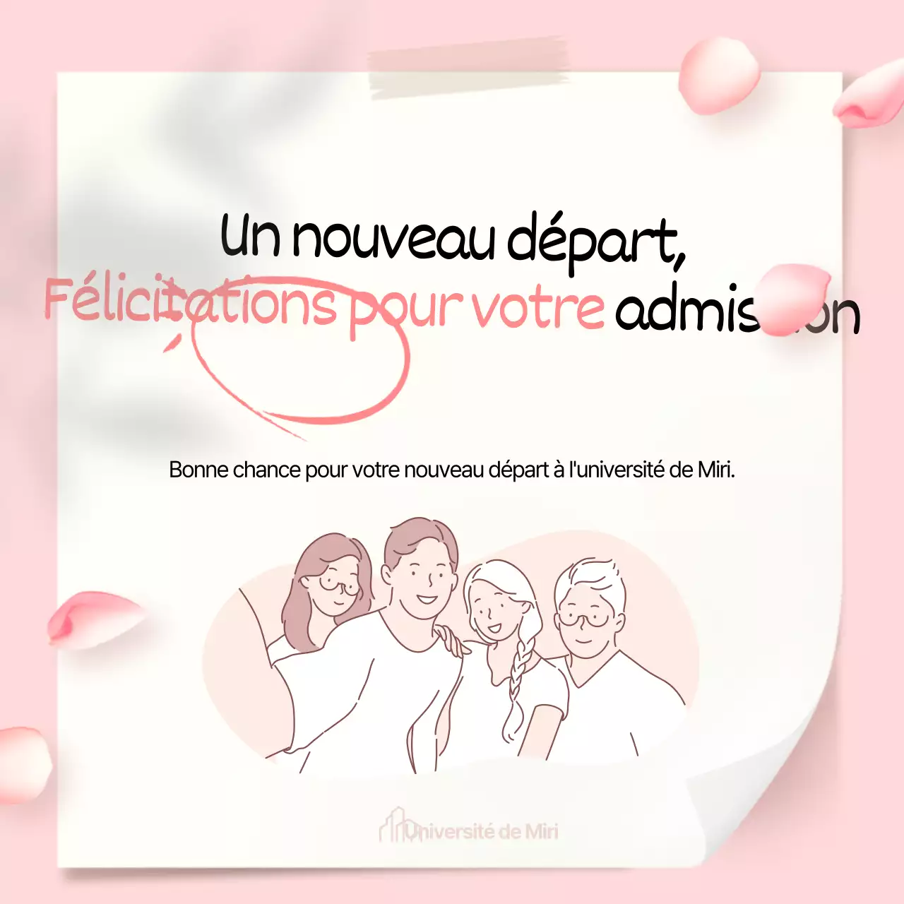 Soufflage de pétales avec félicitations manuscrites pour l'admission sur fond de bloc-notes rose